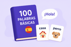 Basic Spanish words illustration featuring a beginner Spanish vocabulary book with flashcards for “casa” and “perro” alongside a speech bubble saying “¡Hola!”.