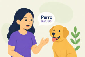 Spanish pronunciation illustration showing a woman teaching the word "perro" beside a dog with beginner-friendly pronunciation practice.