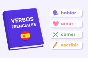 Spanish verbs illustration featuring essential beginner verbs including hablar, amar, comer, and escribir with simple visual icons.