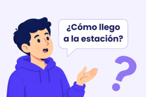 Example of how to ask questions in Spanish showing a beginner asking “¿Cómo llego a la estación?” in a real conversation.